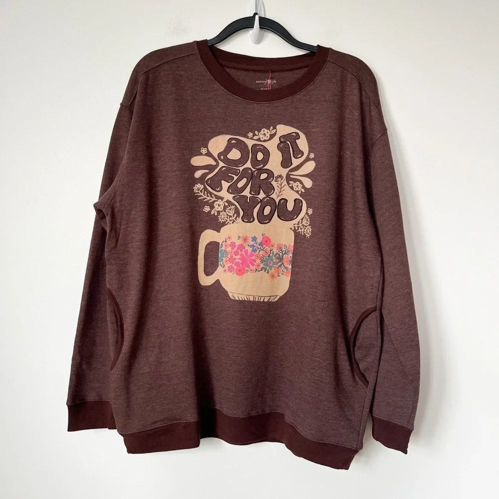 NEW Natural Life Do It For You Comfy Pocket Sweatshirt Floral Coffee Large Brown - Picture 3 of 12